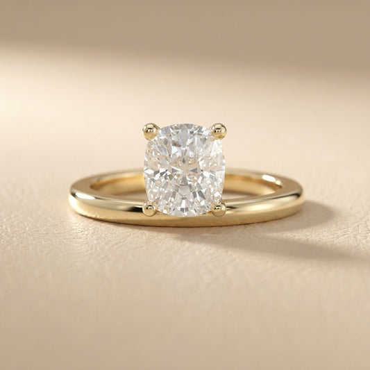 Yellow Gold Cushion Cut Lab Grown Diamond Solitaire Engagement Ring with claw prongs