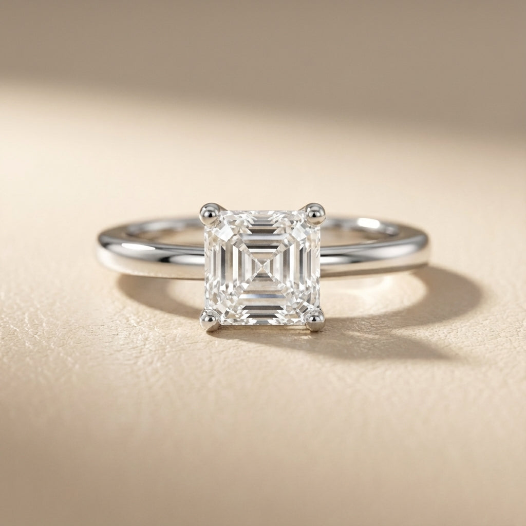Asscher Cut Lab Grown Diamond Solitaire Engagement Ring in White Gold