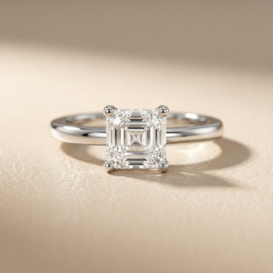 Asscher Cut Lab Grown Diamond Solitaire Engagement Ring in White Gold