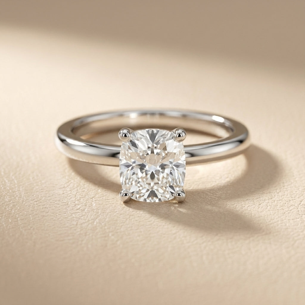 Platinum Cushion Cut Lab Grown Diamond Solitaire Engagement Ring side view