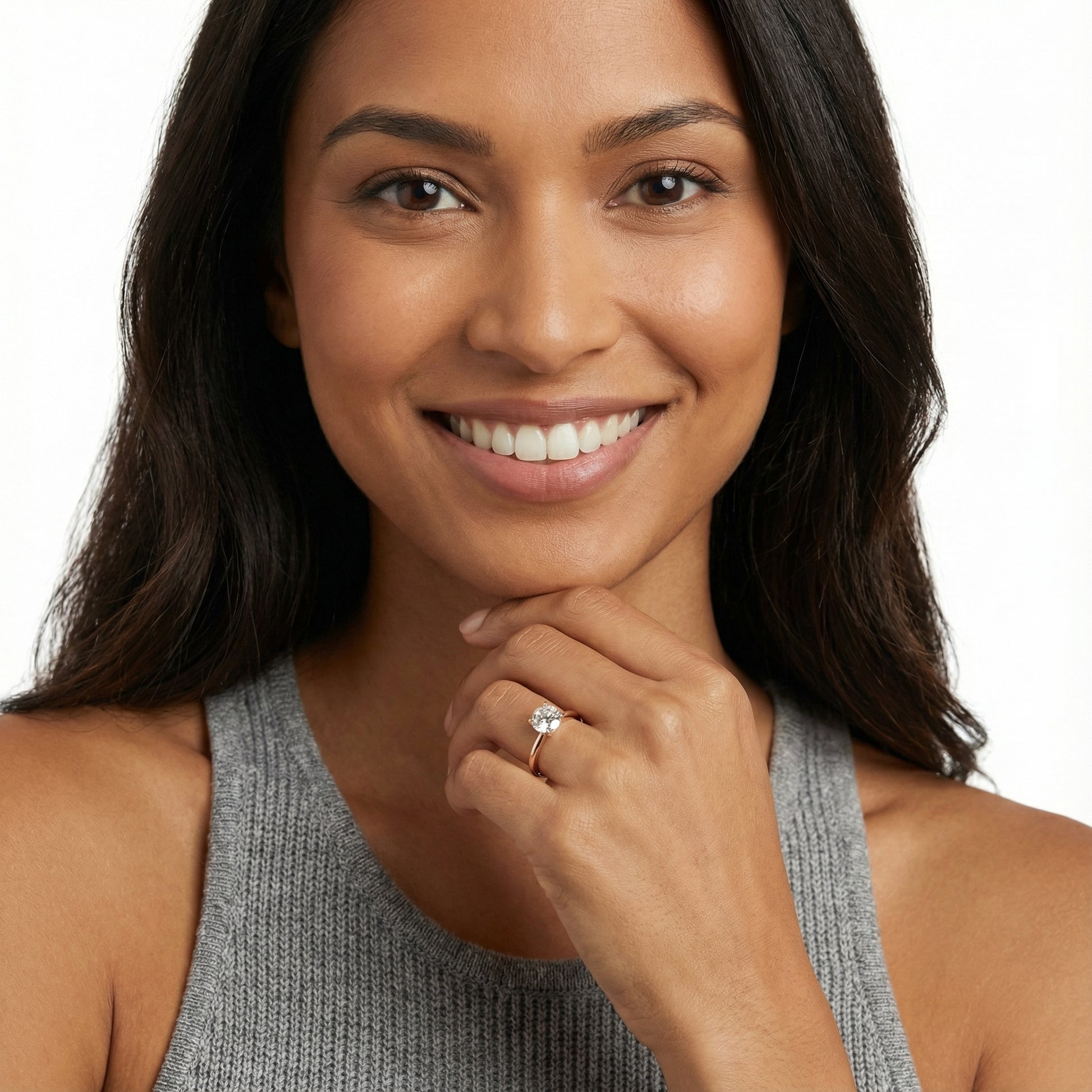 Round Cut Lab Grown Diamond Chevron Solitaire Engagement Ring in Rose Gold