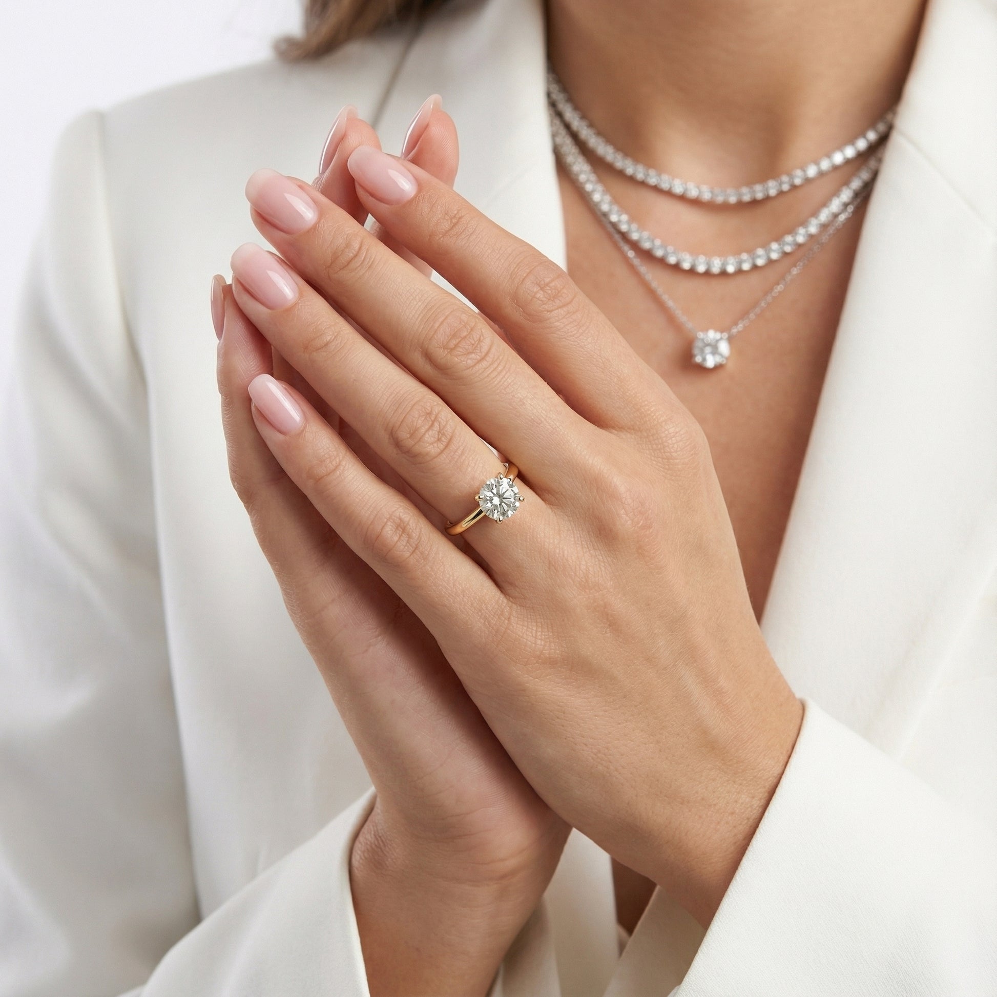 Round Cut Lab Grown Diamond Chevron Solitaire Engagement Ring in Yellow Gold