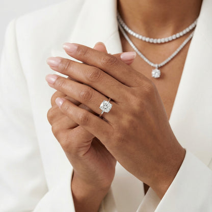 Cushion Cut Lab Grown Diamond Solitaire Engagement Ring in Silver with Chevron Detail