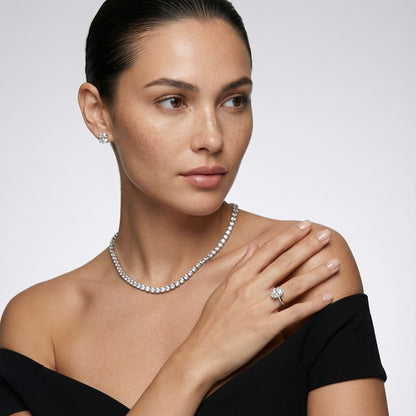 Oval Cut Lab Grown Diamond Engagement Ring in Silver with chevron under-bezel detail