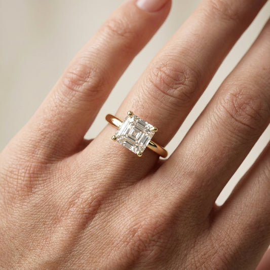 Asscher Cut Lab Grown Diamond Solitaire Engagement Ring in Yellow Gold