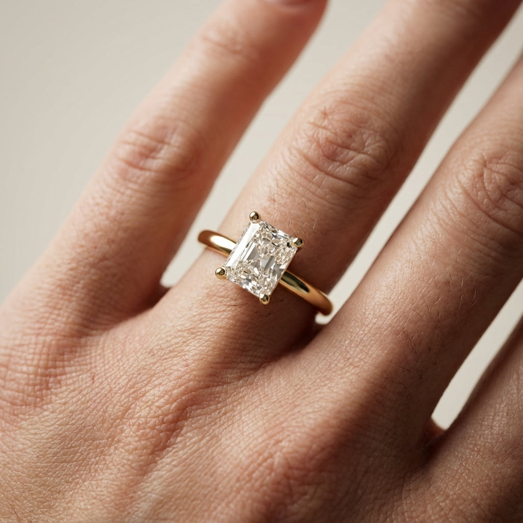 Radiant Cut Lab Grown Diamond Solitaire Engagement Ring in Rich Yellow Gold