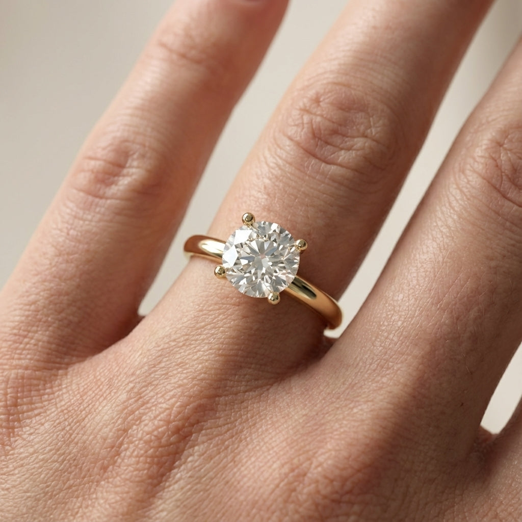 Round Cut Lab Grown Diamond Chevron Solitaire Engagement Ring in Yellow Gold