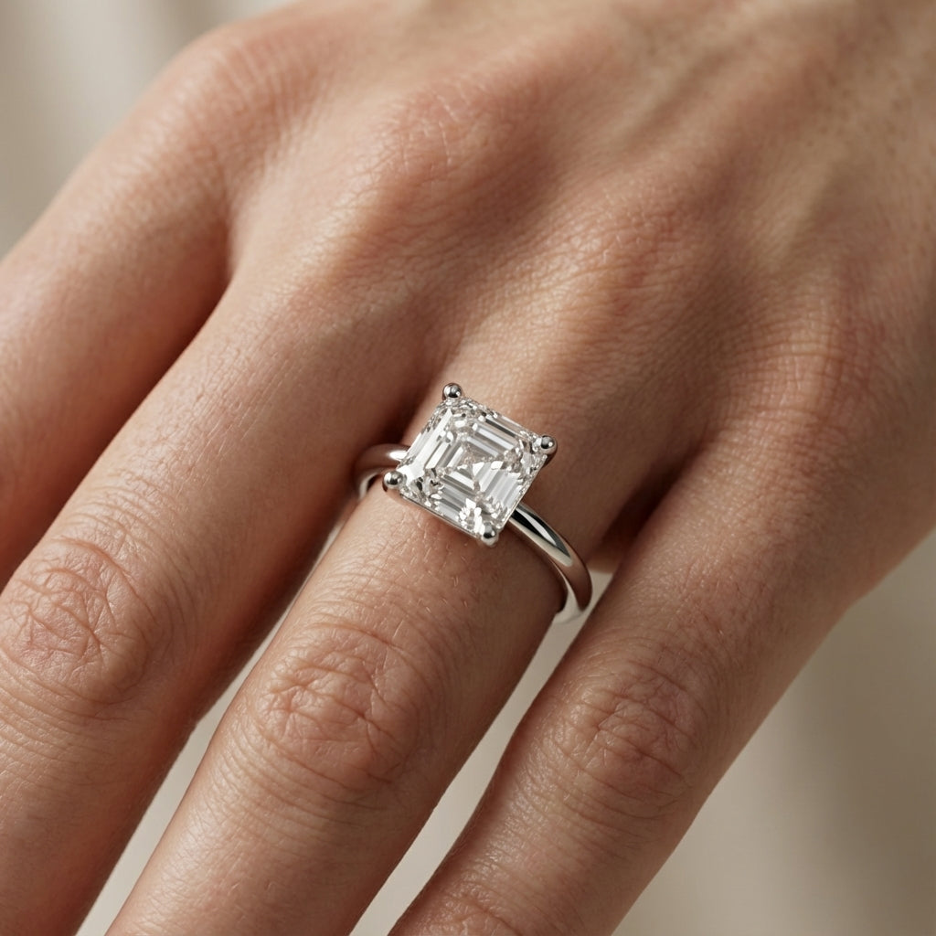 Asscher Cut Lab Grown Diamond Solitaire Engagement Ring in White Gold