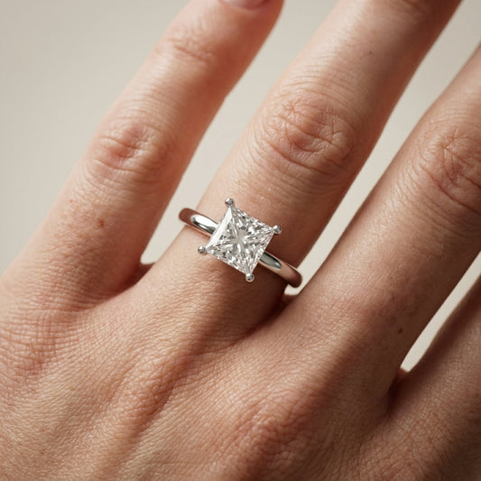 Princess Cut Lab Grown Diamond Solitaire Engagement Ring in Polished Silver