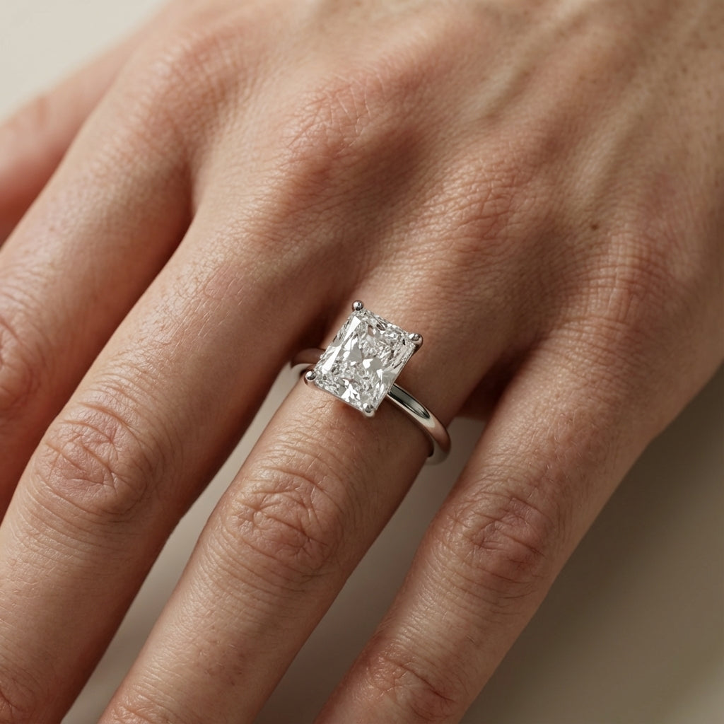 Radiant Cut Lab Grown Diamond Solitaire Engagement Ring in Brilliant White Gold