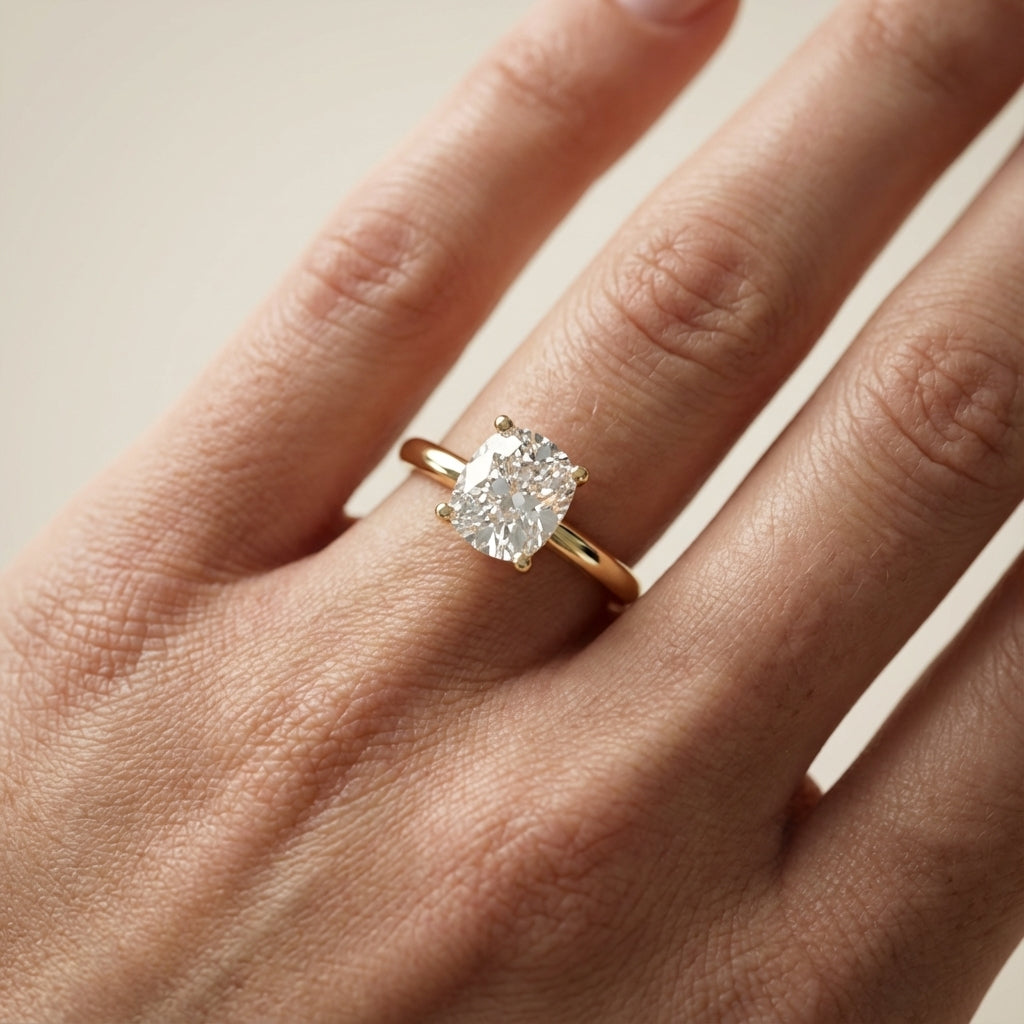 Yellow Gold Cushion Cut Lab Grown Diamond Solitaire Engagement Ring with claw prongs