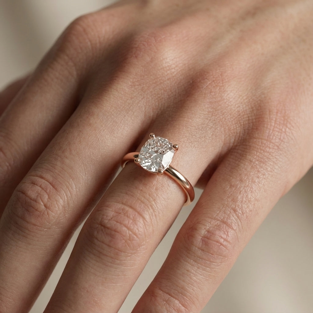 Rose Gold Cushion Cut Lab Grown Diamond Solitaire Engagement Ring showing side profile