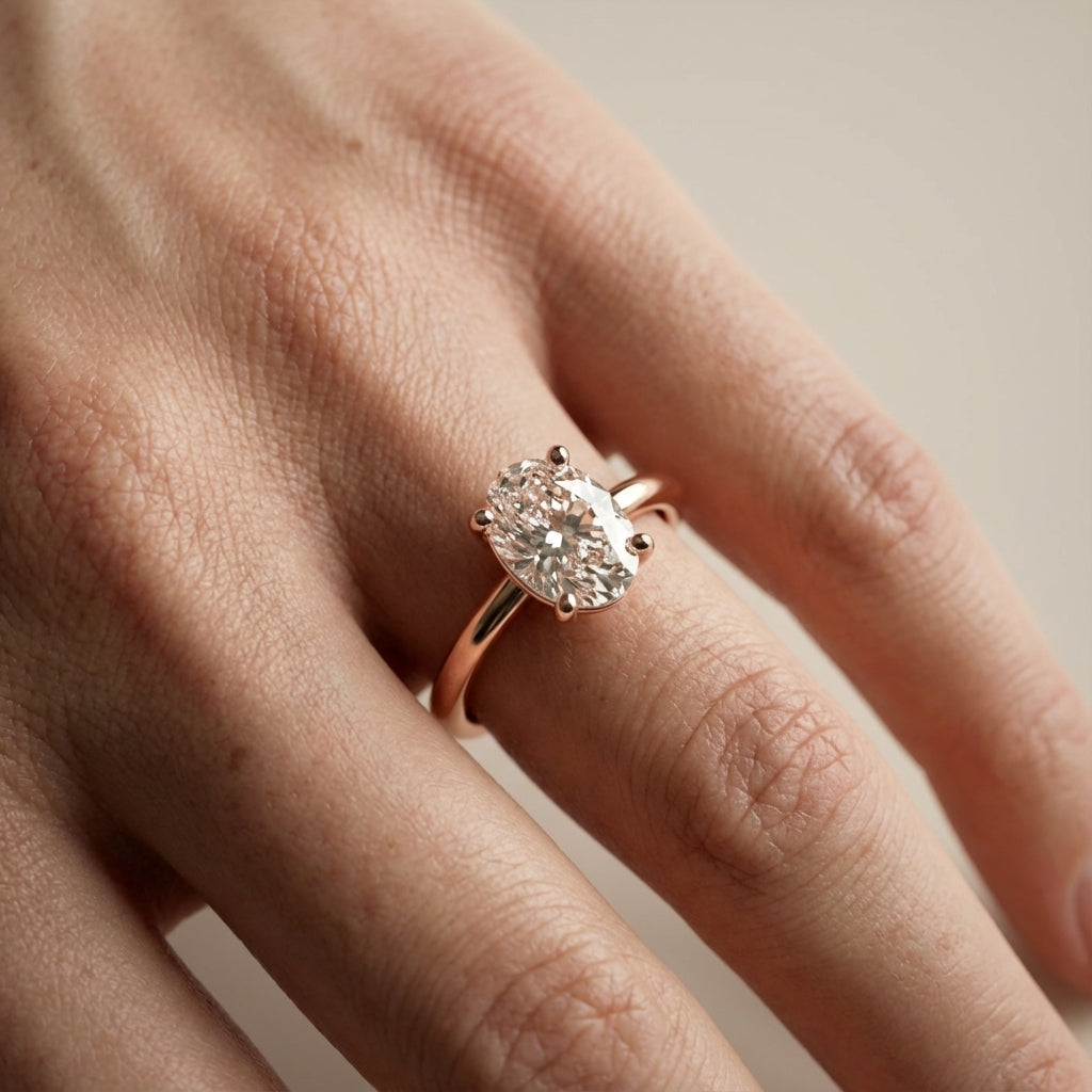 Oval Cut Lab Grown Diamond Engagement Ring in Rose Gold with chevron under-bezel detail