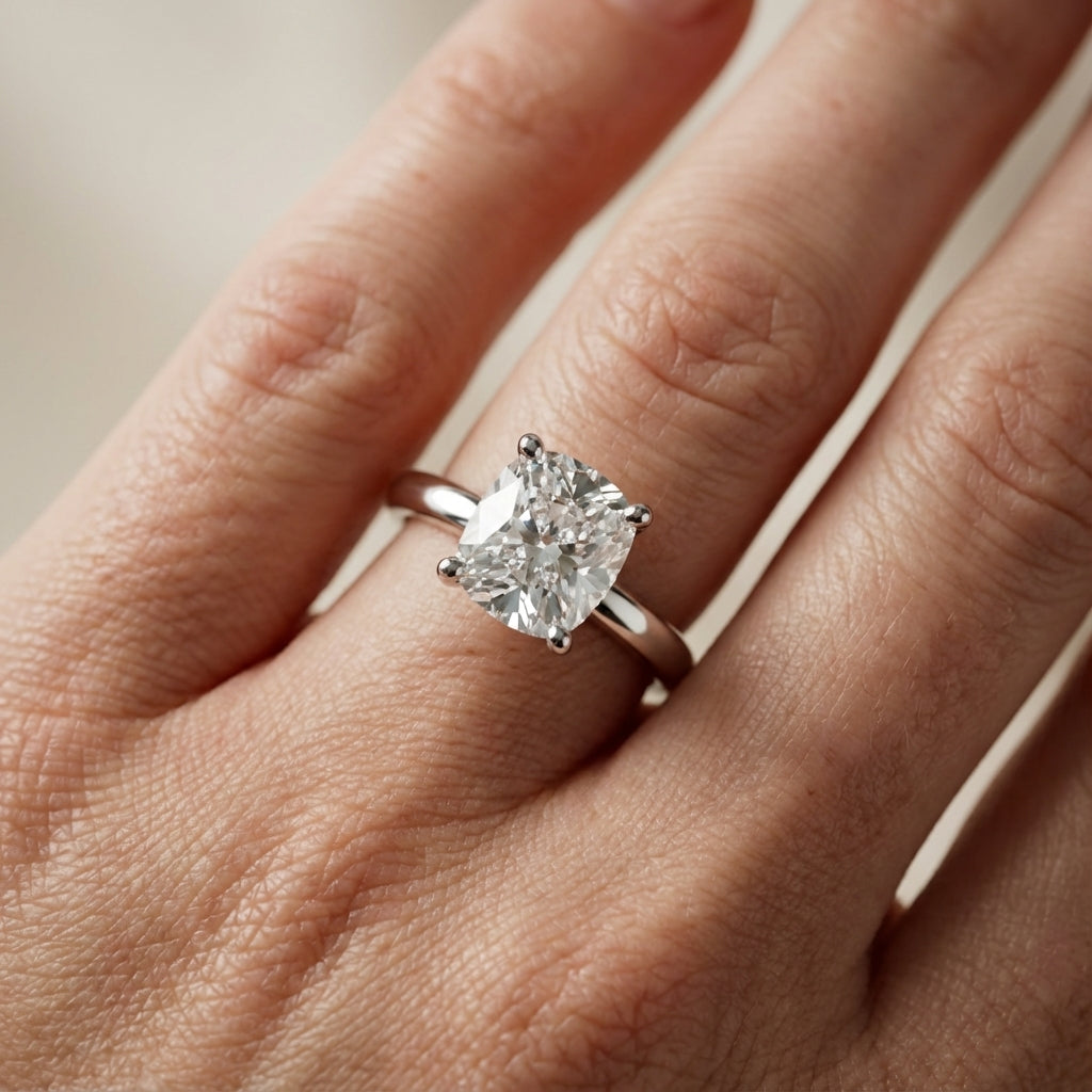 Cushion Cut Lab Grown Diamond Solitaire Engagement Ring in polished White Gold