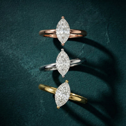 Marquise Cut Lab Grown Diamond Solitaire Engagement Ring in Yellow Gold setting