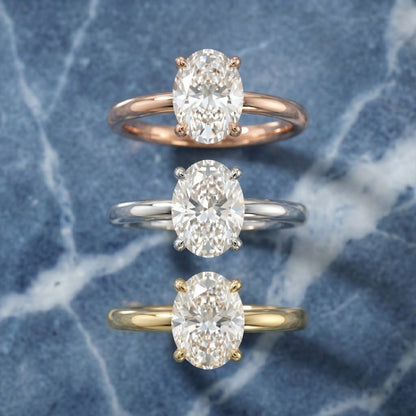 Oval Cut Lab Grown Diamond Engagement Ring in White Gold with chevron under-bezel detail