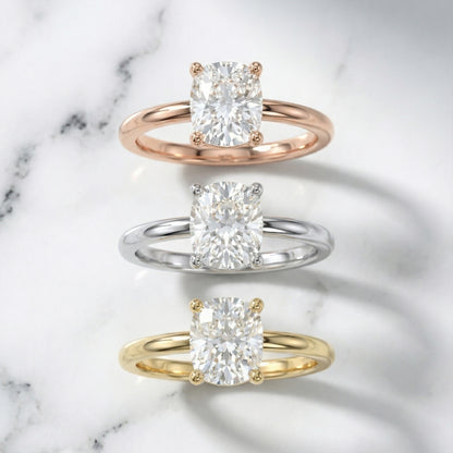 Yellow Gold Cushion Cut Lab Grown Diamond Solitaire Engagement Ring with claw prongs