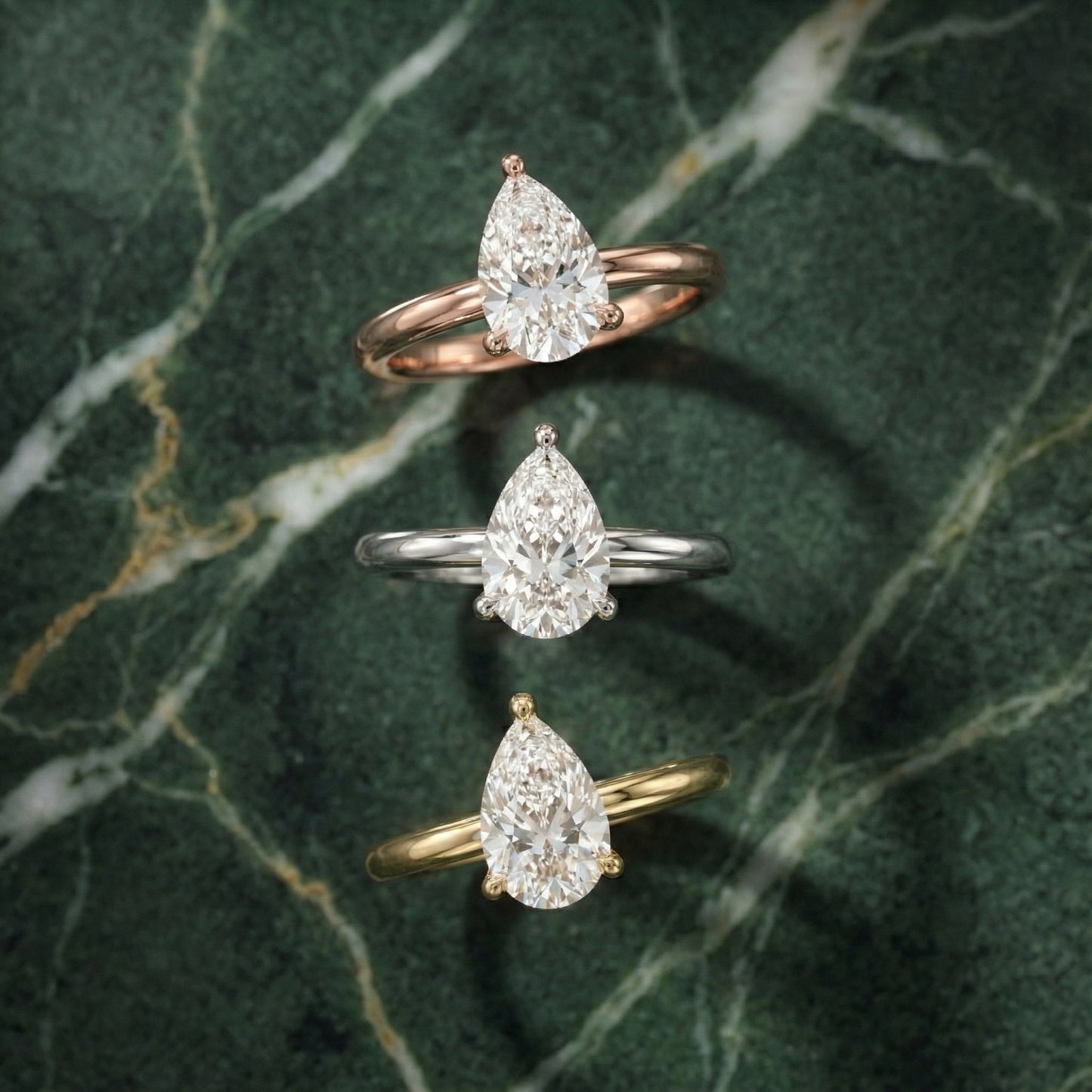 Pear Cut Lab Grown Diamond Solitaire Engagement Ring in Silver showing chevron detail beneath the stone.