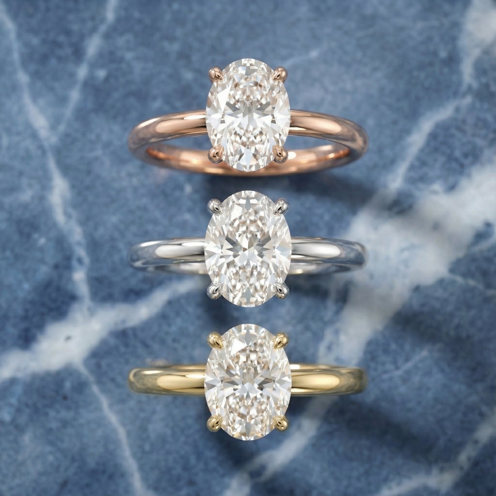 Oval Cut Lab Grown Diamond Engagement Ring in Rose Gold with chevron under-bezel detail