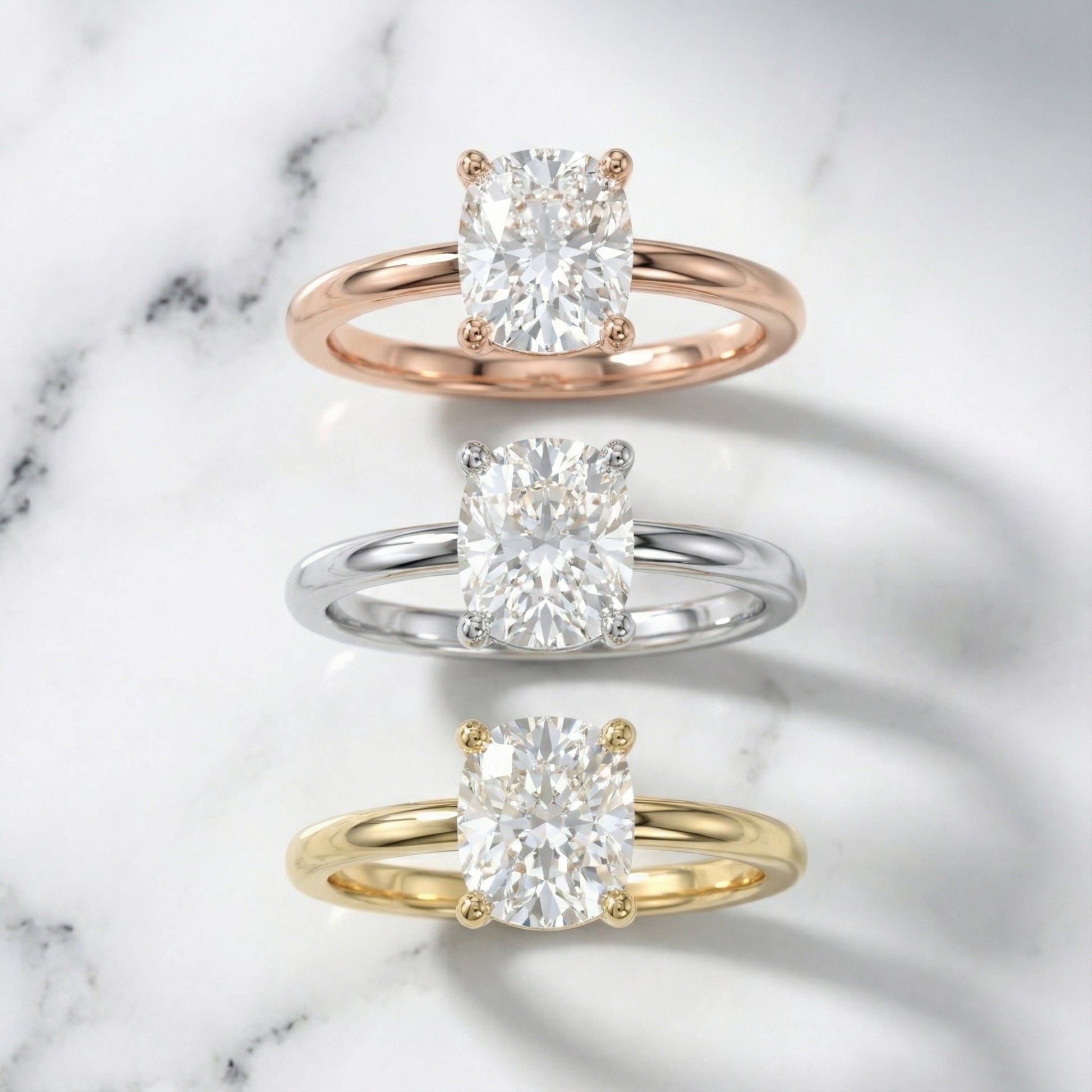 Cushion Cut Lab Grown Diamond Solitaire Engagement Ring in Silver with Chevron Detail