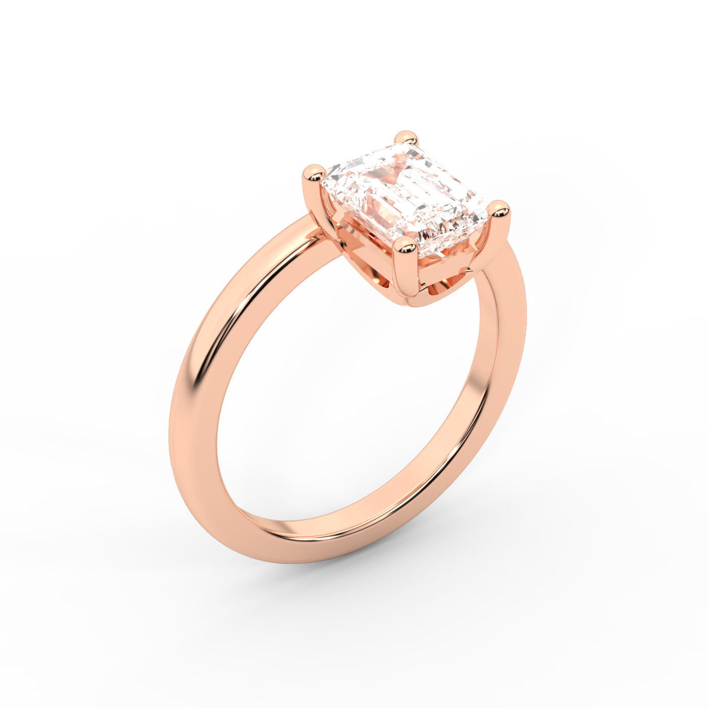 Emerald Cut Lab Grown Diamond Solitaire Engagement Ring in warm Rose Gold setting.