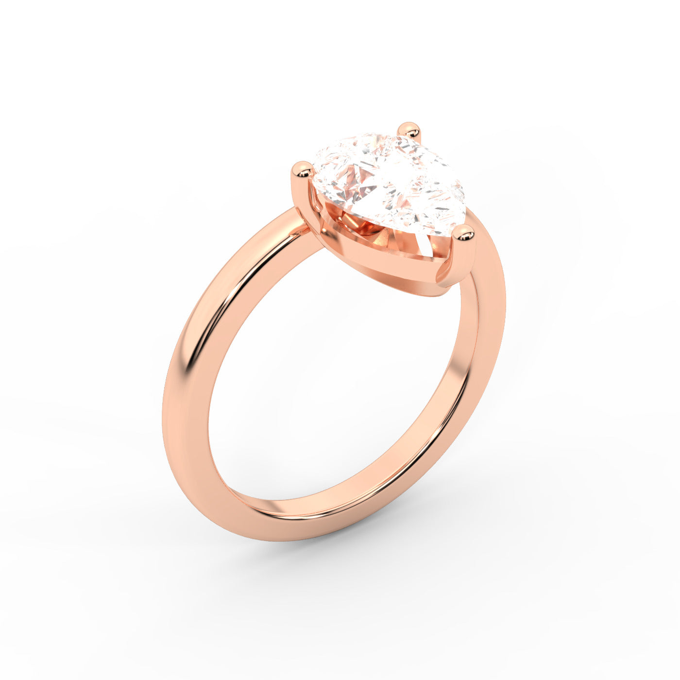 Pear Cut Lab Grown Diamond Solitaire Engagement Ring in Rose Gold with claw prongs and chevron basket.