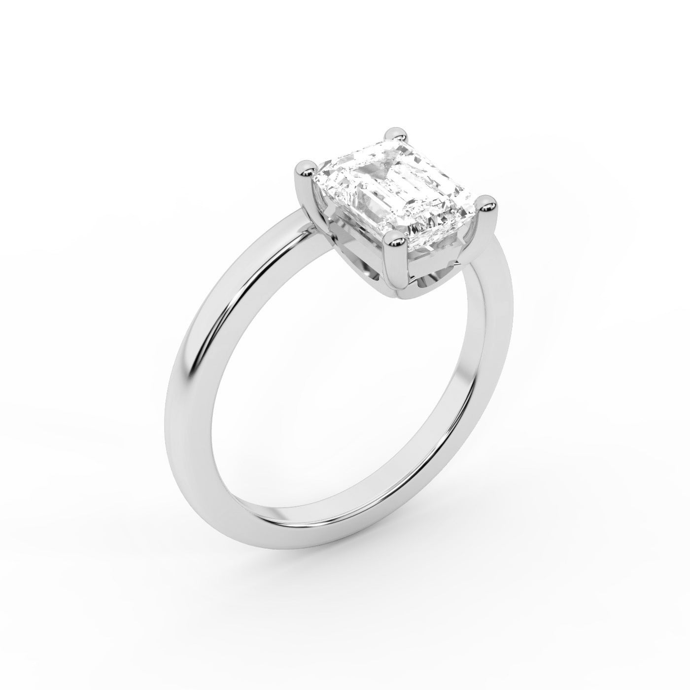 Emerald Cut Lab Grown Diamond Solitaire Engagement Ring in gleaming White Gold claw setting.