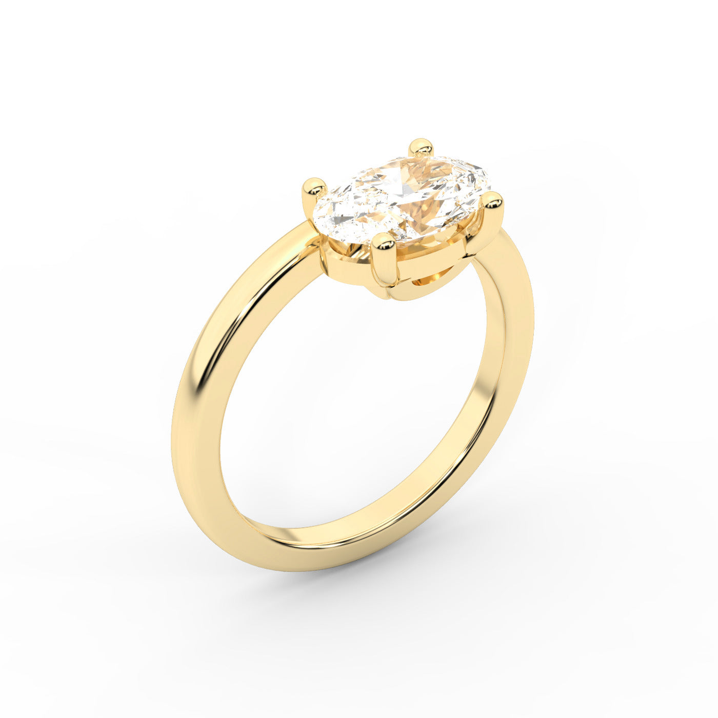 Oval Cut Lab Grown Diamond Engagement Ring in Yellow Gold with chevron under-bezel detail