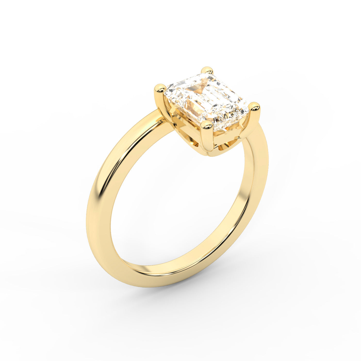 Emerald Cut Lab Grown Diamond Solitaire Engagement Ring in traditional Yellow Gold setting.
