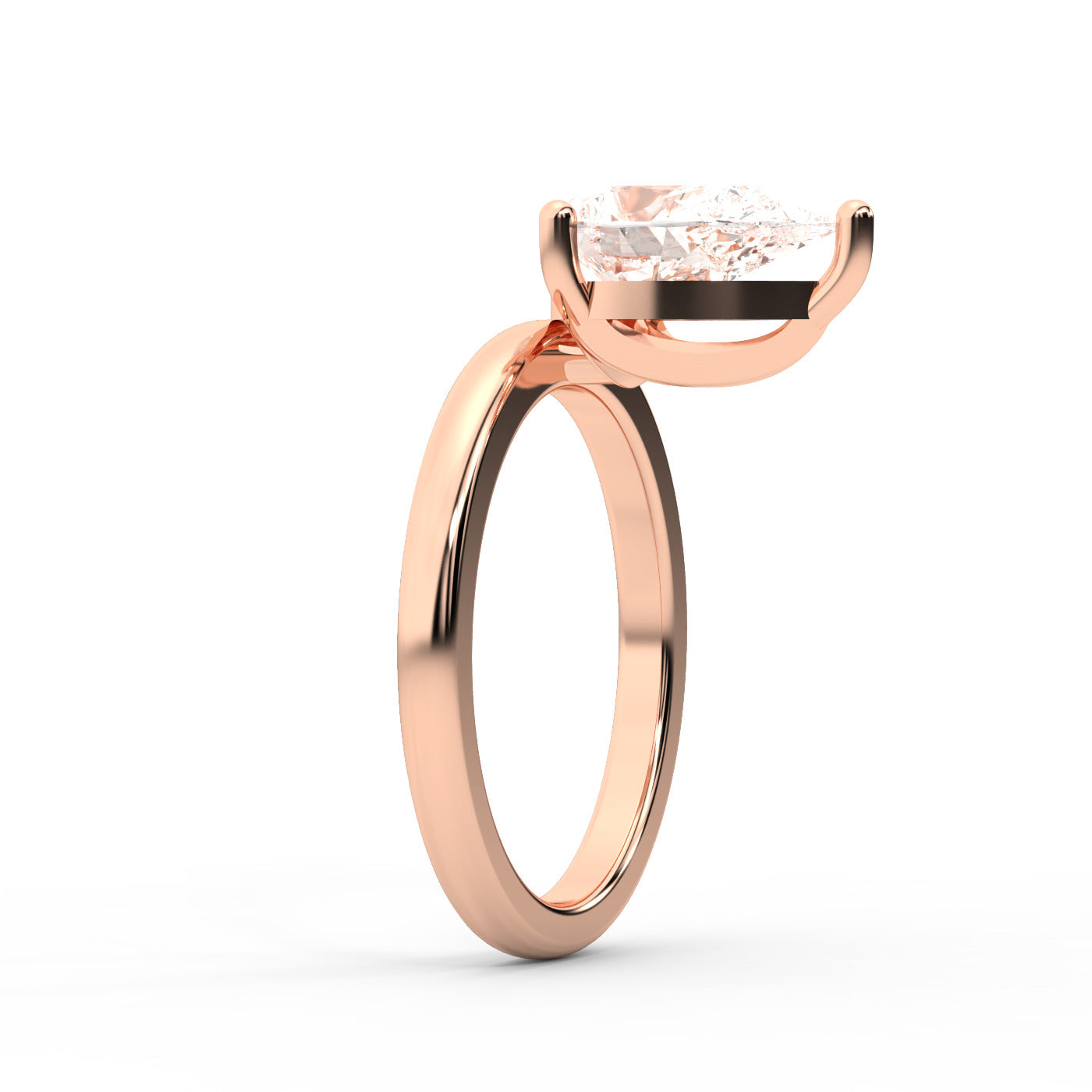 Pear Cut Lab Grown Diamond Solitaire Engagement Ring in Rose Gold with claw prongs and chevron basket.