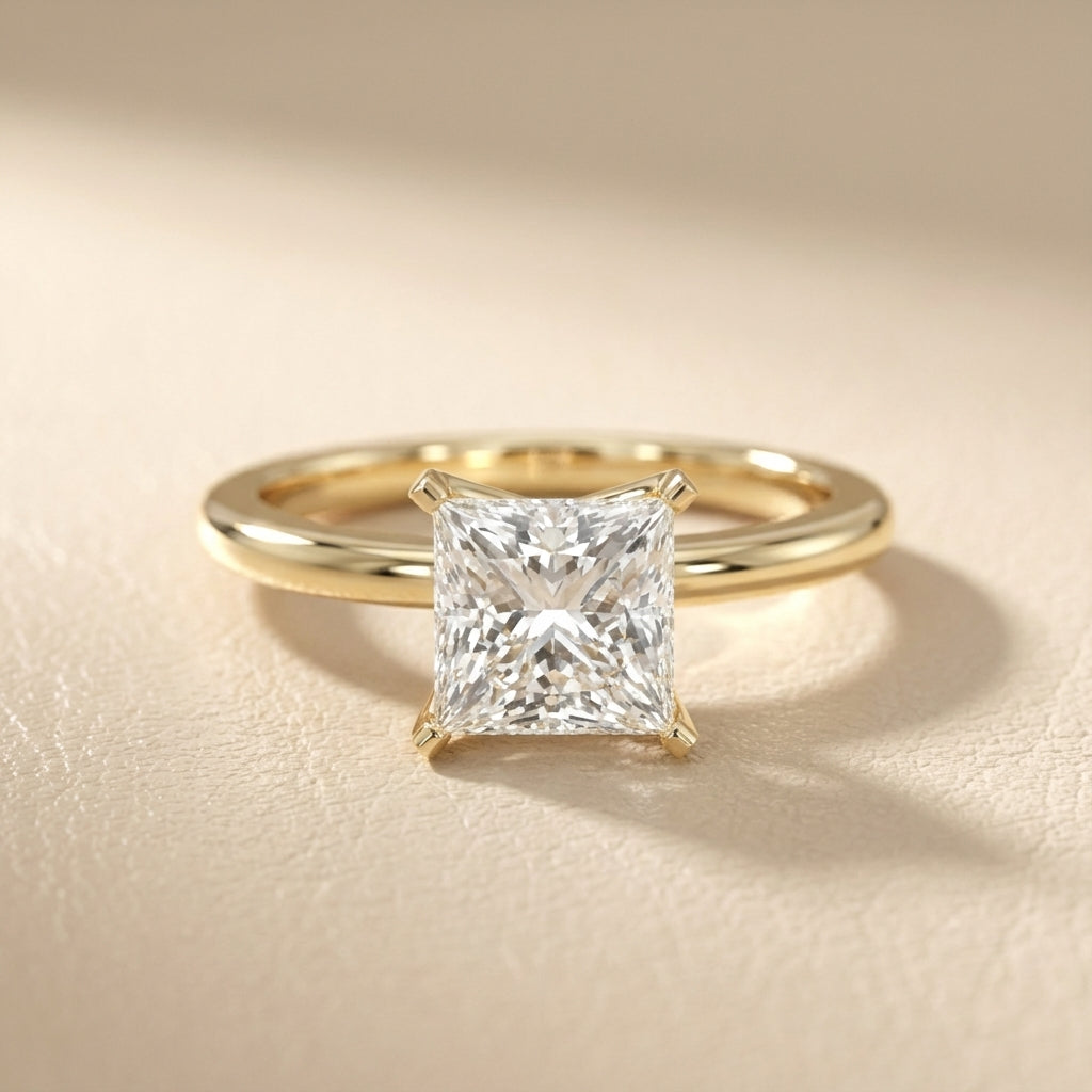 Princess Cut Lab Grown Diamond Solitaire Engagement Ring in Yellow Gold showing cathedral setting