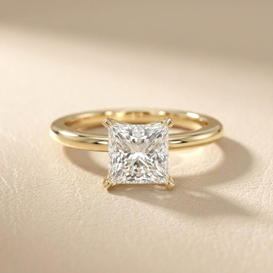 Princess Cut Lab Grown Diamond Solitaire Engagement Ring in Yellow Gold showing cathedral setting