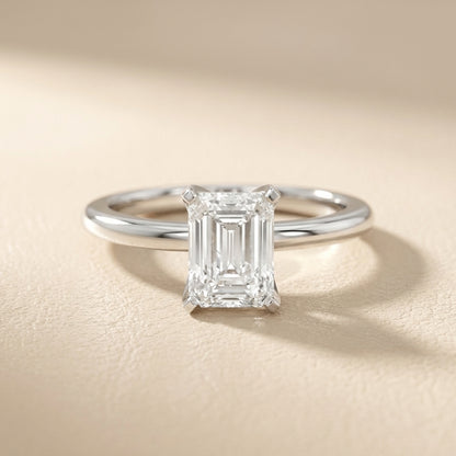 Emerald Cut Lab Grown Diamond Solitaire Engagement Ring in Silver with floral under-gallery details