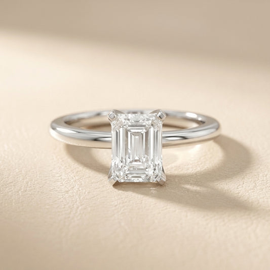 Emerald Cut Lab Grown Diamond Solitaire Engagement Ring in Silver with floral under-gallery details