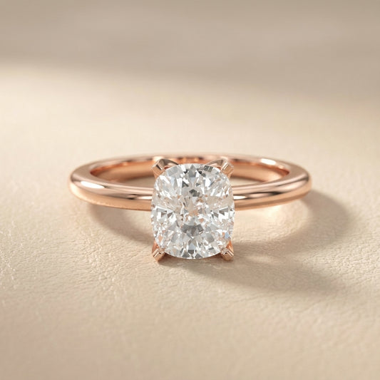 Rose Gold Cushion Cut Lab Grown Diamond Solitaire Engagement Ring with Cathedral Setting