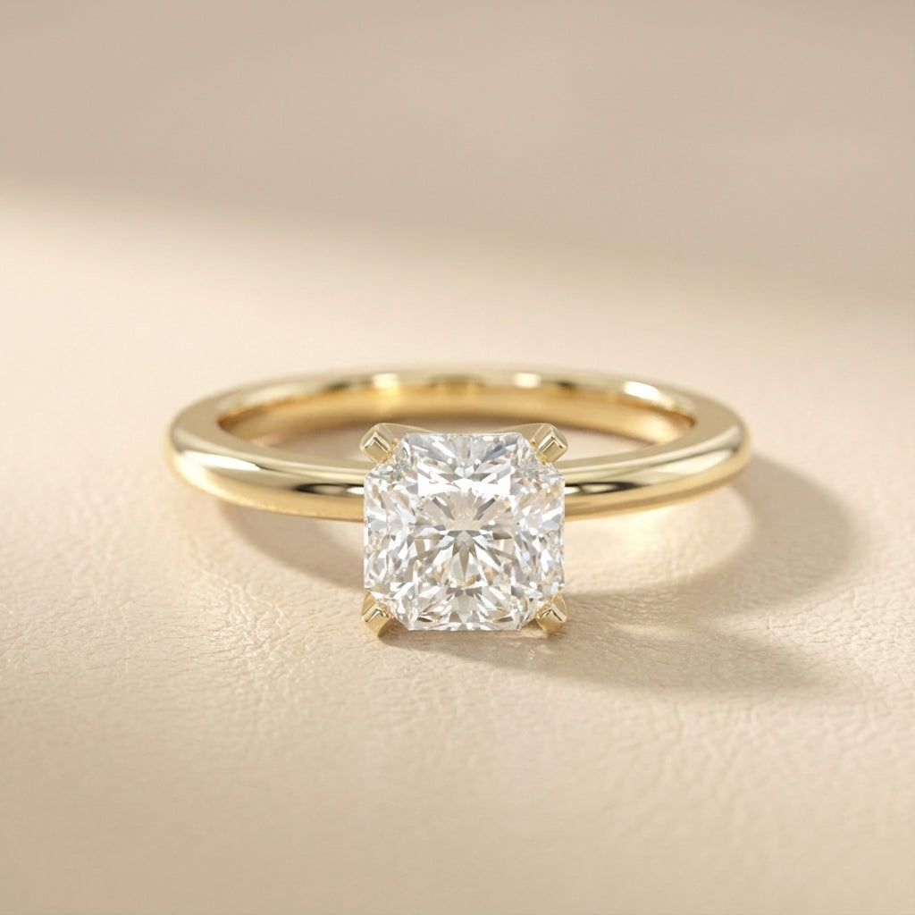 Asscher Cut Lab Grown Diamond Engagement Ring in Yellow Gold with cathedral setting