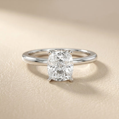Cushion Cut Lab Grown Diamond Solitaire Engagement Ring in Silver with Floral Basket Detail