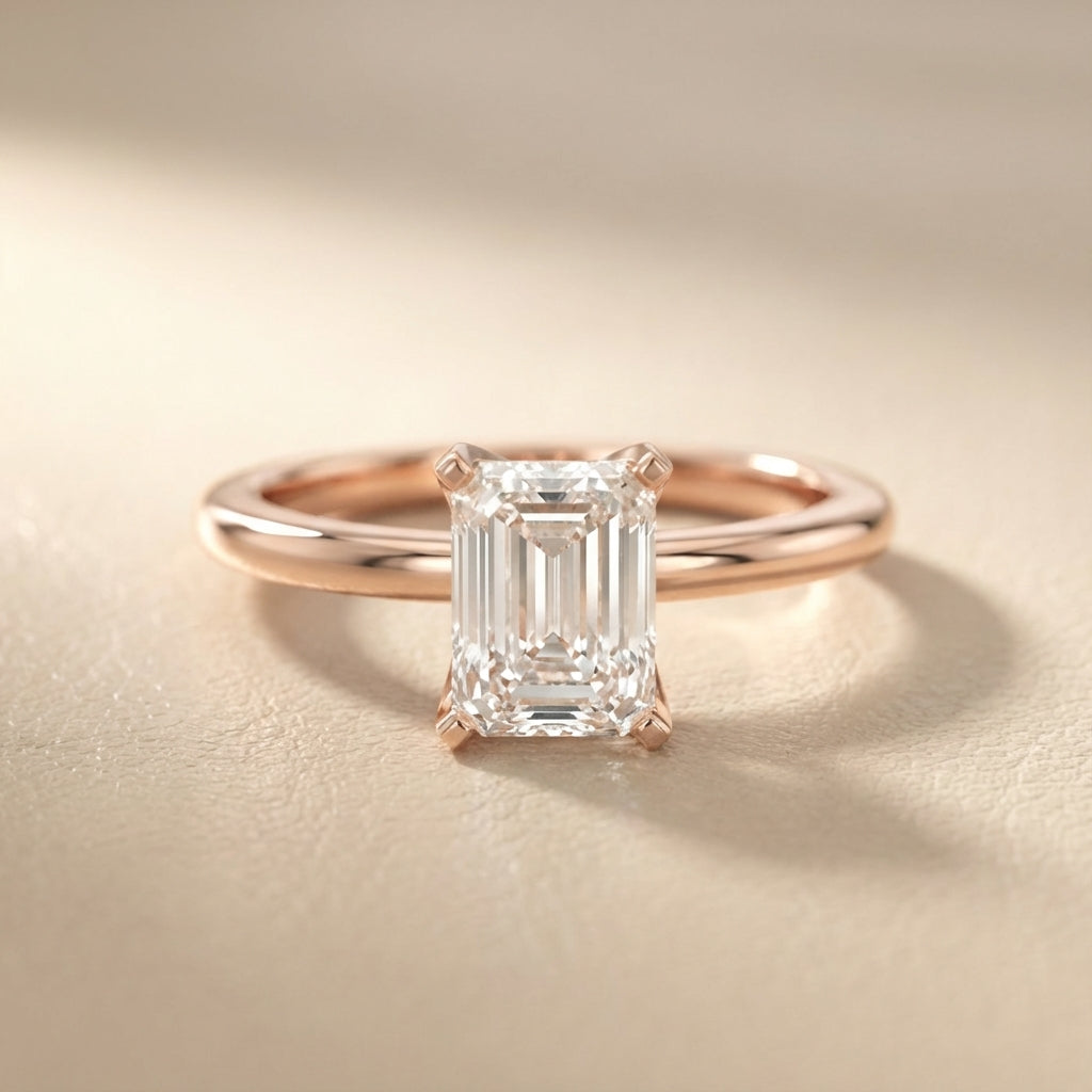 Emerald Cut Lab Grown Diamond Solitaire Engagement Ring in Rose Gold showing side profile and bridge