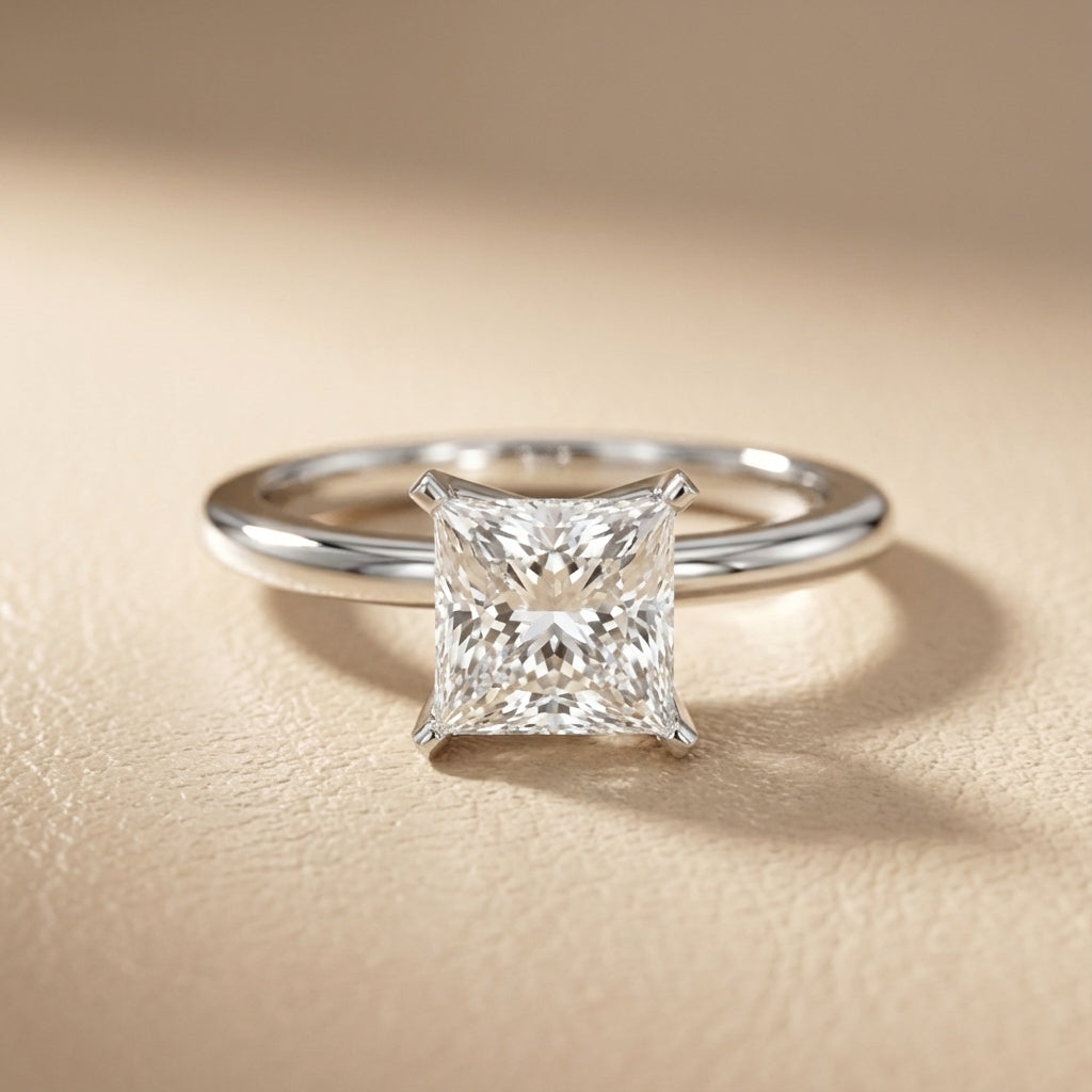 Princess Cut Lab Grown Diamond Solitaire Engagement Ring in Silver showing floral basket detail