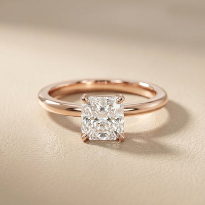 Asscher Cut Lab Grown Diamond Engagement Ring in Rose Gold showing side profile and setting