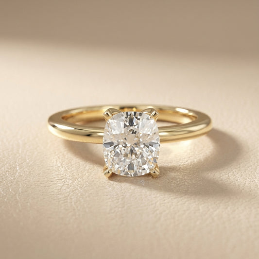 Yellow Gold Cushion Cut Lab Grown Diamond Solitaire Engagement Ring with Sleek Band