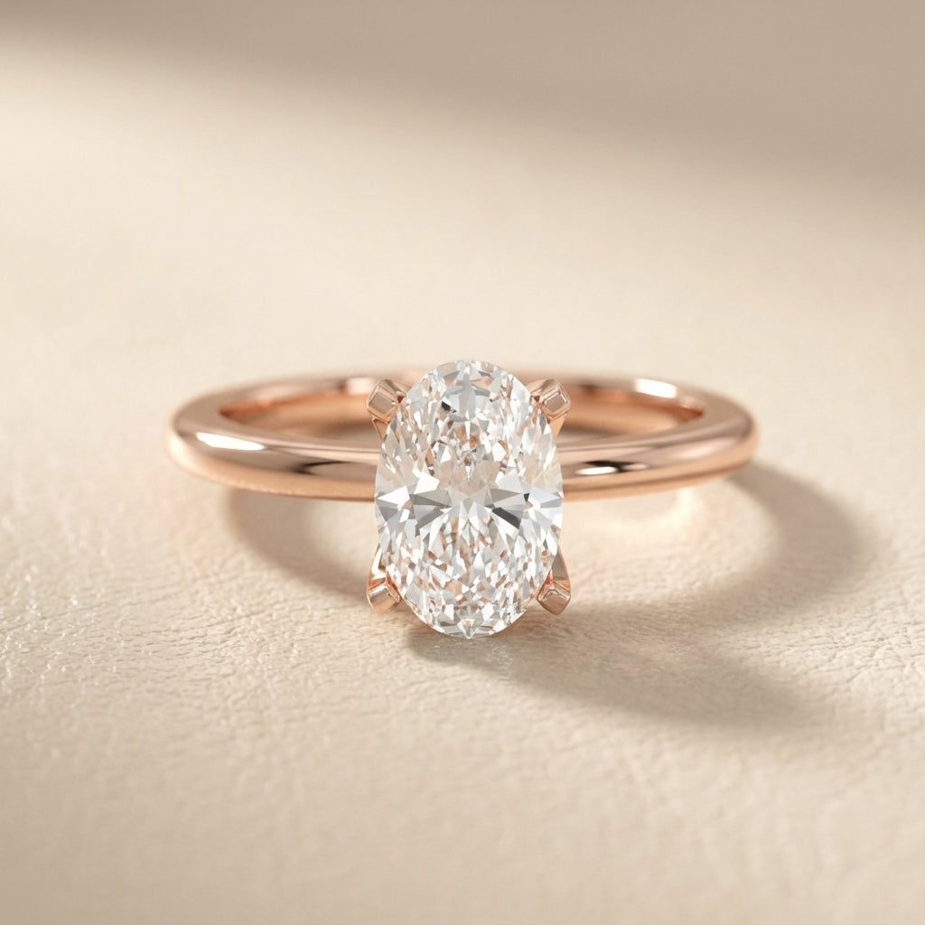 Oval Cut Lab Grown Diamond Engagement Ring in Rose Gold showing floral basket details