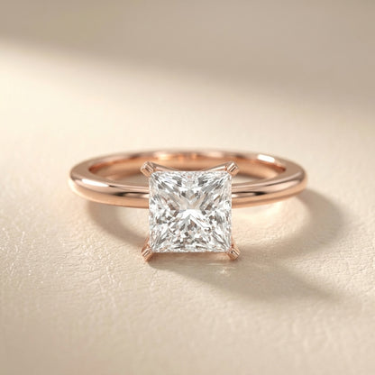 Princess Cut Lab Grown Diamond Solitaire Engagement Ring in Rose Gold side profile view
