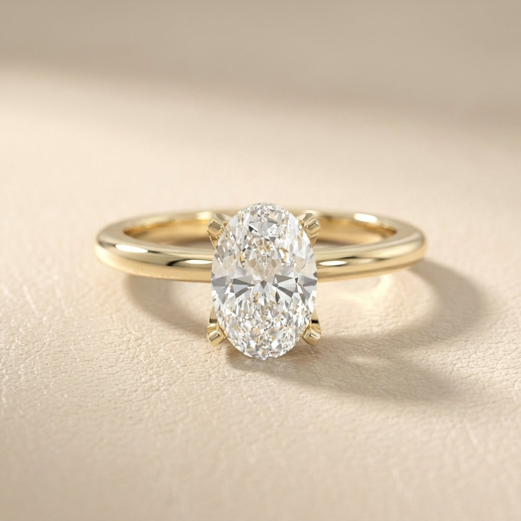 Oval Cut Lab Grown Diamond Engagement Ring in Yellow Gold with unique bridge profile