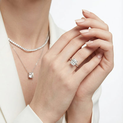 Asscher Cut Lab Grown Diamond Engagement Ring in White Gold with unique bridge profile