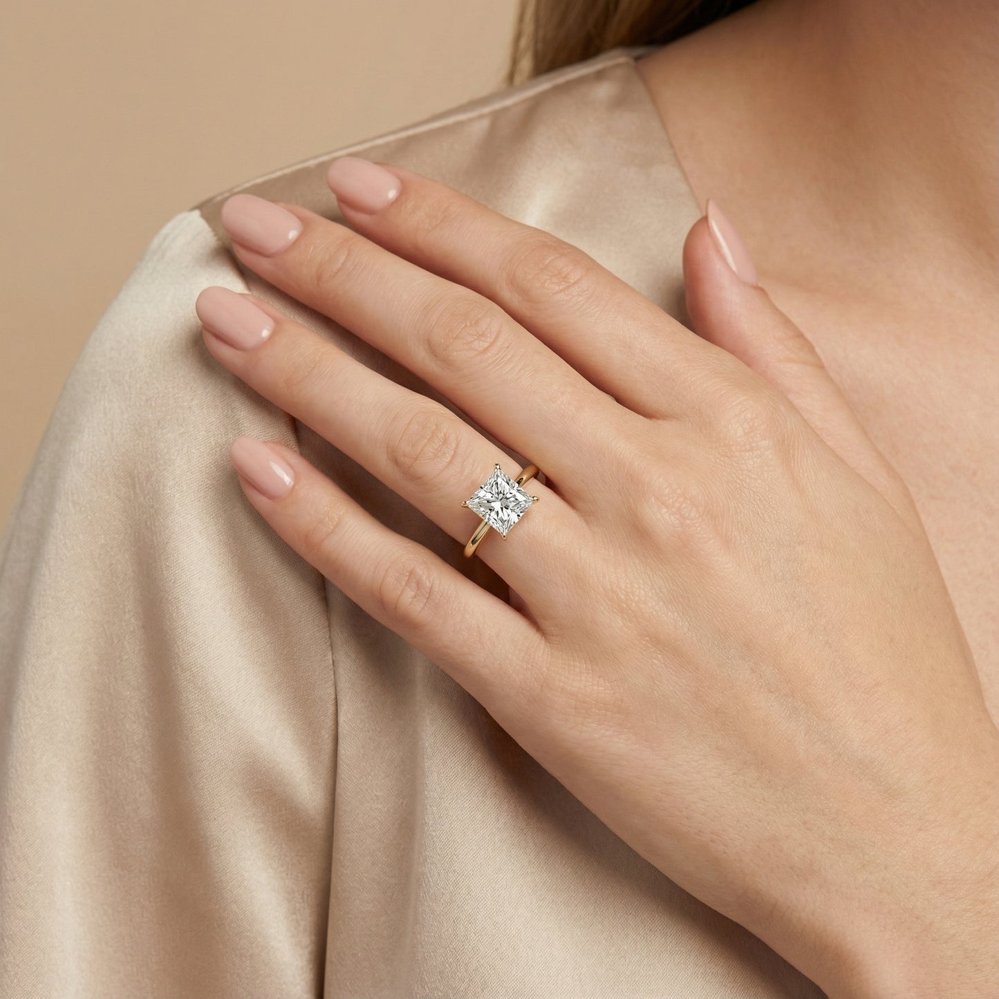 Princess Cut Lab Grown Diamond Solitaire Engagement Ring in Yellow Gold showing cathedral setting