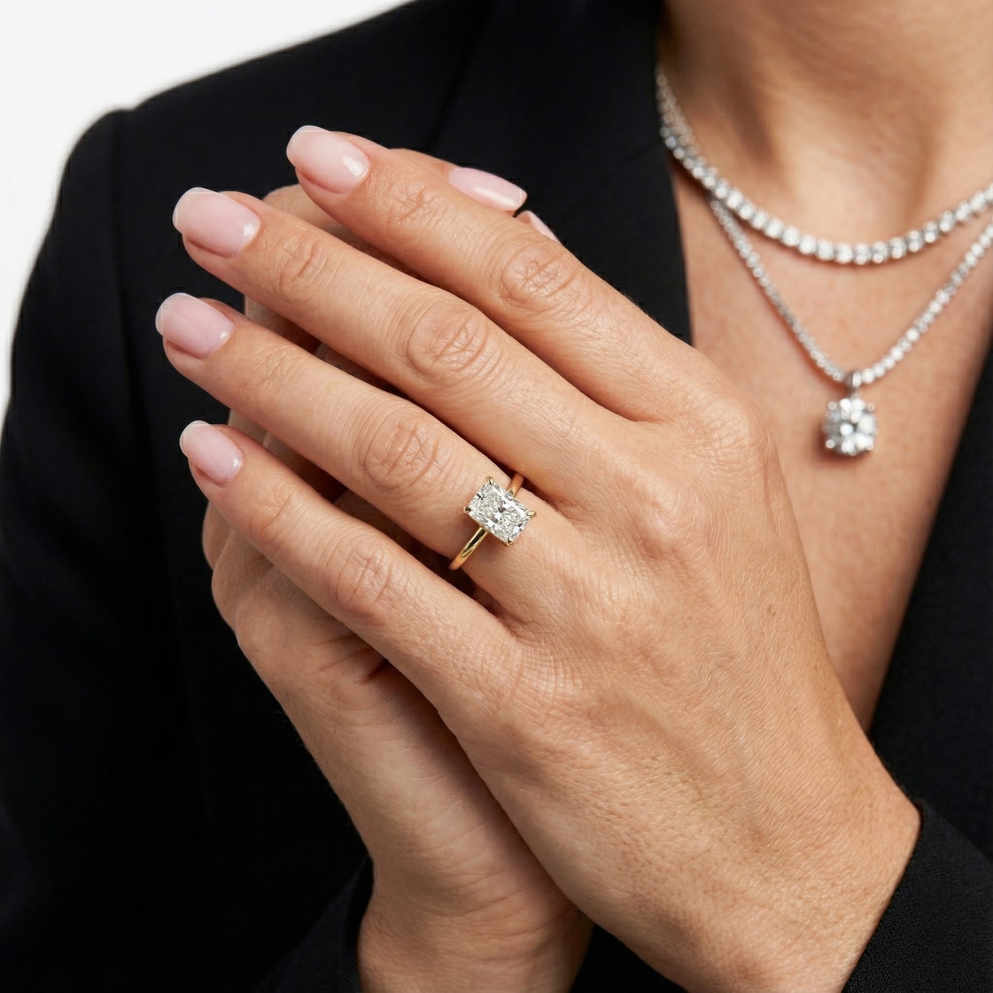 Radiant Cut Lab Grown Diamond Solitaire Engagement Ring in Yellow Gold with Cathedral Setting