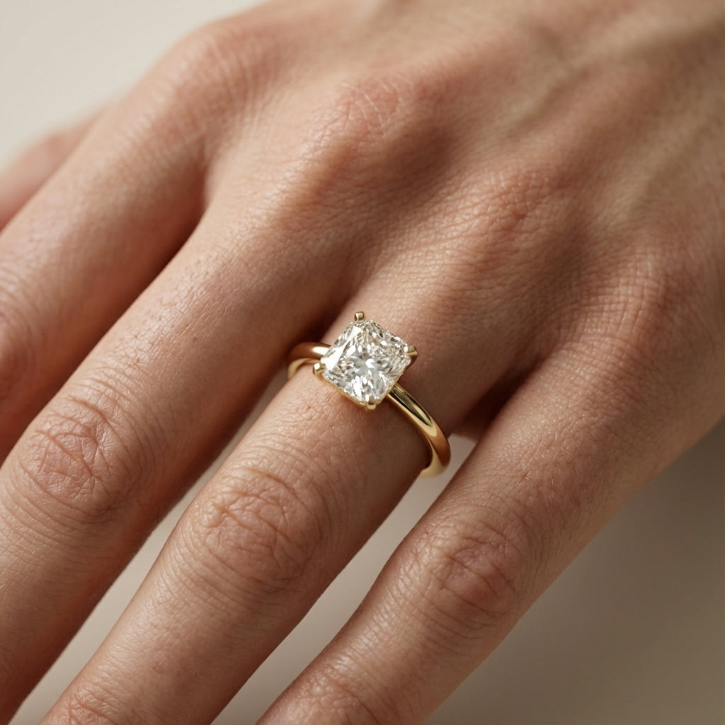 Asscher Cut Lab Grown Diamond Engagement Ring in Yellow Gold with cathedral setting