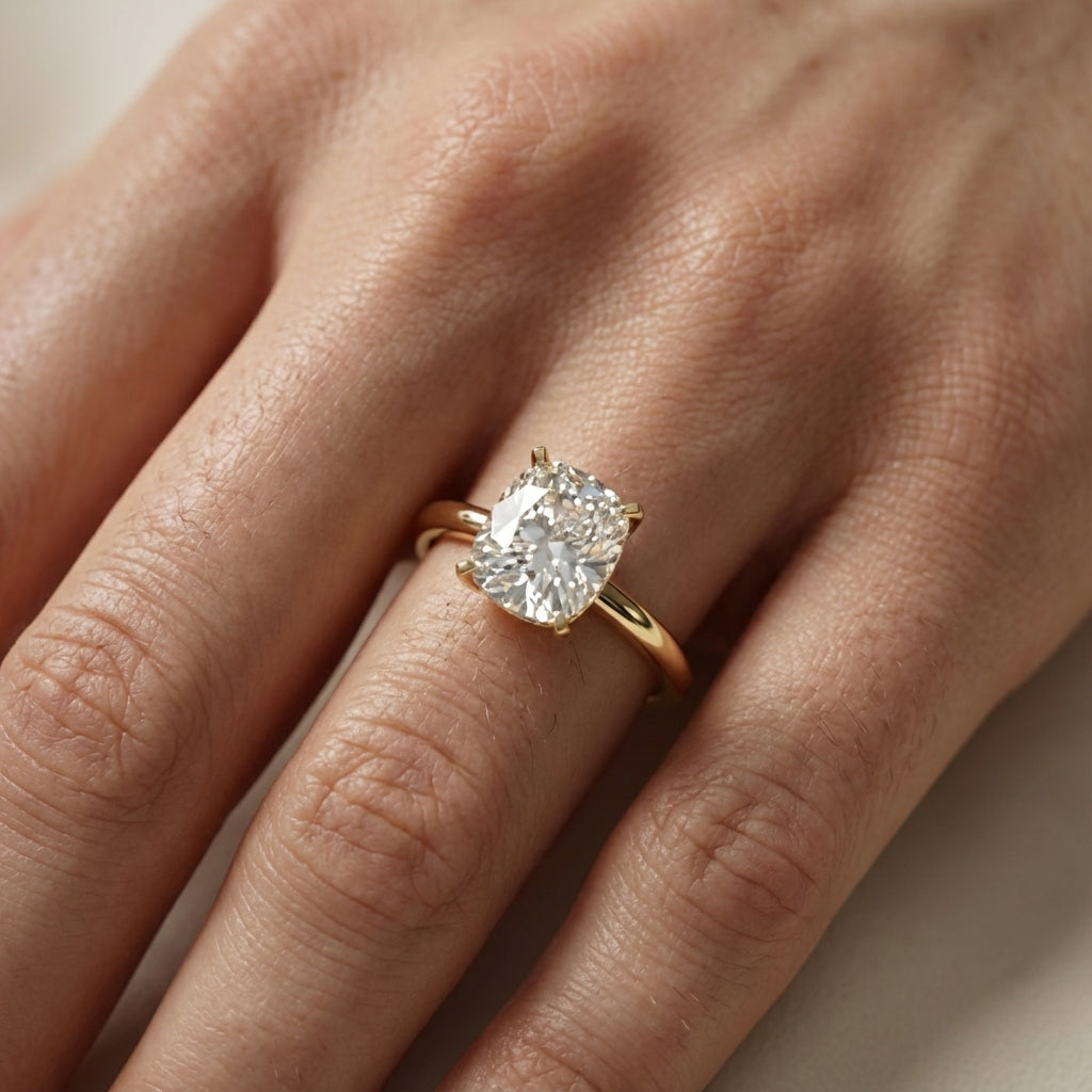 Yellow Gold Cushion Cut Lab Grown Diamond Solitaire Engagement Ring with Sleek Band