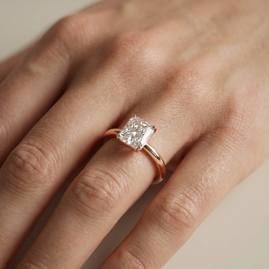 Asscher Cut Lab Grown Diamond Engagement Ring in Rose Gold showing side profile and setting